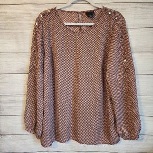 Liz Claiborne Blouse XL Geometric Gold Button Shoulder Chic Top